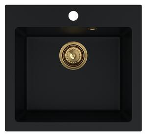 Sink Quality Ferrum 50, kuchyňský granitový dřez 490x450x195 mm + zlatý sifon, černá, SKQ-FER.C.1K50.XG