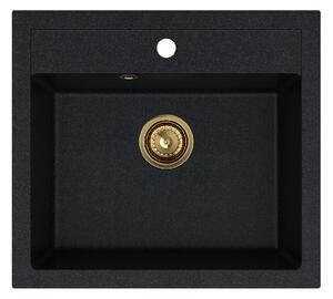 Sink Quality Ferrum, kuchyňský granitový dřez 565x510x205 mm + zlatý sifon, černá skvrnitá-Brocade, SKQ-FER.B.1K60.XG