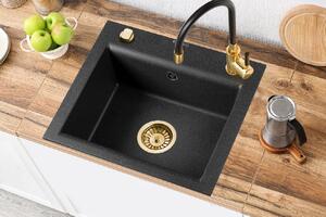 Invena Tesalia, 1-komorový granitový dřez 440x480x160 mm a dřezová baterie Glamour, černá-zlatá, INV-AZ-01-Z41-SET