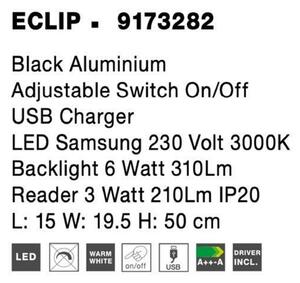 NOVA LUCE bodové svítidlo ECLIP černý hliník nastavitelné vypínač na těle USB nabíjení LED Samsung 230V 3000K osvětlení 6W čtecí lampička 3W IP20 9173282