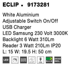 NOVA LUCE bodové svítidlo ECLIP bílý hliník nastavitelné vypínač na těle USB nabíjení LED Samsung 230V 3000K osvětlení 6W čtecí lampička 3W IP20 9173281