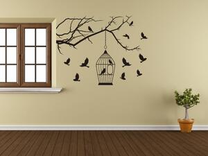 Ptáci a klec - Samolepka na zeď - 100x77cm