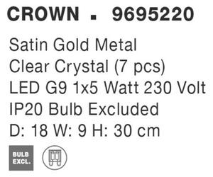 NOVA LUCE nástěnné svítidlo CROWN saténový zlatý kov čirý křišťál (7 ks) G9 1x5W 230V IP20 bez žárovky 9695220