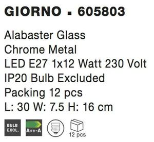 NOVA LUCE nástěnné svítidlo GIORNO alabastrové sklo chromovaný kov E27 1x12W 605803
