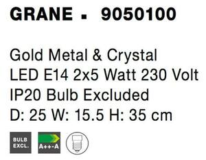 NOVA LUCE nástěnné svítidlo GRANE zlatý kov a křišťál E14 2x5W 230V IP20 bez žárovky 9050100