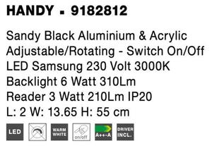 NOVA LUCE nástěnné svítidlo HANDY černý hliník a akryl nastavitelné/rotační - vypínač na těle LED Samsung 230V 3000K osvětlení 6W čtecí lampička 3W IP20 9182812