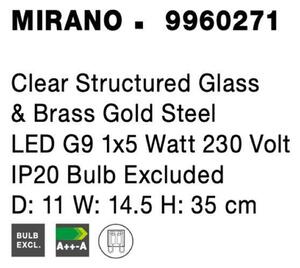 NOVA LUCE nástěnné svítidlo MIRANO čiré strukturované sklo a mosaz zlatá G9 1x5W 230V IP20 bez žárovky 9960271