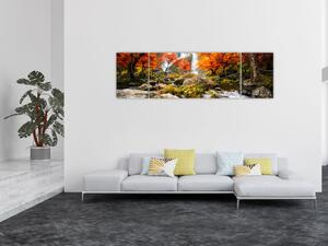 Obraz - Vodopády v oranžovém lese (170x50 cm)