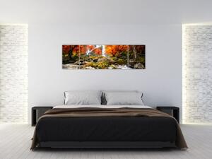 Obraz - Vodopády v oranžovém lese (170x50 cm)