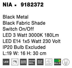 NOVA LUCE nástěnné svítidlo NIA černý kov černé stínidlo vypínač na těle LED 3W 3000K E14 1x5W 230V IP20 bez žárovky se čtecí lampičkou 9182372