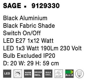 NOVA LUCE nástěnné svítidlo SAGE černý hliník černé stínidlo vypínač na těle E27 1x12W LED 1x3W 220V bez žárovky IP20 čtecí lampička 9129330