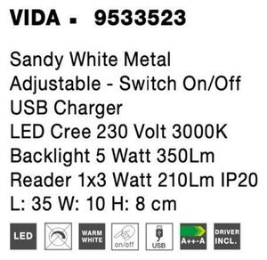 NOVA LUCE nástěnné svítidlo VIDA bílý kov nastavitelné - vypínač na těle USB nabíjení LED Cree 230V 3000K osvětlení 5W čtecí lampička 1x3W IP20 9533523