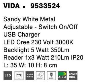 NOVA LUCE nástěnné svítidlo VIDA bílý kov nastavitelné - vypínač na těle USB nabíjení LED Cree 230V 3000K osvětlení 5W čtecí lampička 1x3W IP20 9533524