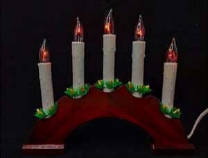 Vánoční dřevěný svícen ve tvaru oblouku, vínová barva, imitace plamene, 5 svíček
