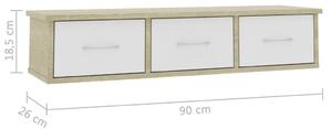 Nástěnná police se zásuvkami - bílá a sonoma dub | 90x26x18,5 cm