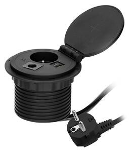 ORNO Zápustná zásuvka Ø8cm do desky stolu s indukční nabíječkou, 1x 230V, 2x USB A/C nabíjecí, kabelová průchodka a kabel 1.8m, barva černá