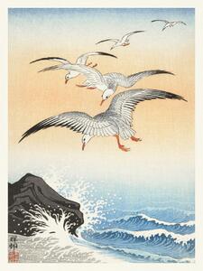 Obrazová reprodukce Flock of Seagulls (Japandi Vintage) - Ohara Koson, (30 x 40 cm)