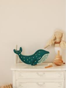 Tyrkysová stolní lampa z borovicového dřeva Little Lights Whale, šířka 40 cm