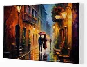 Obraz na plátně - Milenci, ulička s lampami za deště FeelHappy.cz Velikost obrazu: 210 x 140 cm