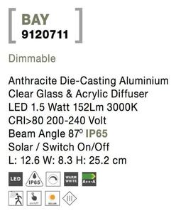 NOVA LUCE venkovní nástěnné svítidlo BAY antracitový hliník čiré sklo a akrylový difuzor LED 1.5W 3000K 3.7V 87st. IP65 solární / vypínač na těle / pohybové čidlo 9120711