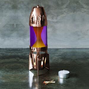 Mathmos Fireflow R1 Copper, originální lávová lampa měděná s fialovou tekutinou a růžovou lávou, pro čajovou svíčku, výška 24cm