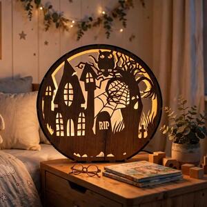 Dřevěná lampa Halloween - Strašidelný dům s sovou | DRACO: HDF - Ořech 20 cm 4796-115339 LED0619