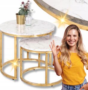 Sada Kulatý konferenční stolek 2v1 Glamour Lavička Loft Bílý Mramor Zlatý OLIS
