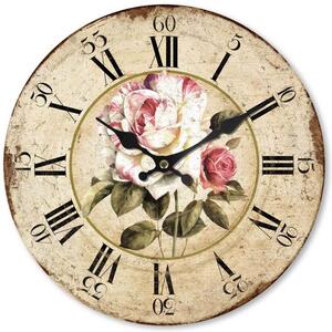 Nástěnné hodiny dřevěné s růží 29 cm (ISABELLE ROSE)