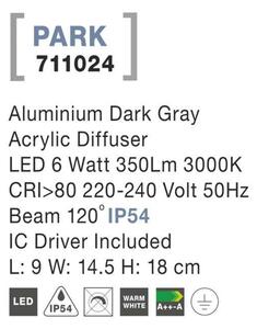 NOVA LUCE venkovní nástěnné svítidlo PARK hliník tmavě šedá akrylový difuzor LED 6W 3000K 220-240V 120st. IP54 AC vč. driveru 711024