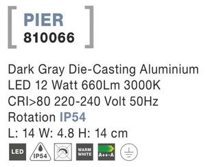 NOVA LUCE venkovní nástěnné svítidlo PIER tmavě šedý hliník akrylový difuzor LED 12W 3000K 220-240V rotační IP54 810066