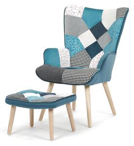 Relaxační křeslo ušák LISA + taburet — masiv, látka, modrý patchwork