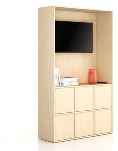 Kancelářská skříň FRAME, 6x dveře, prostor pro TV, 1299 x 450 x 2162 mm, PUSH-lock, bříza