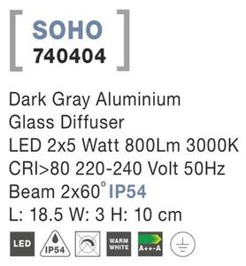 NOVA LUCE venkovní nástěnné svítidlo SOHO tmavě šedý hliník skleněný difuzor LED 2x5W 3000K 220-240V 2x60st. IP54 světlo nahoru a dolů 740404