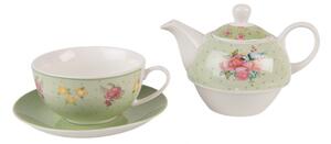 Zelený porcelánový Tea for One s květy a ptáčkem Cheerful Birdie – 460 ml