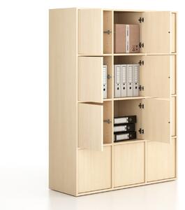 Kancelářská skříň FRAME, 12x dveře, 1299 x 450 x 1735 mm, PUSH-lock, bříza