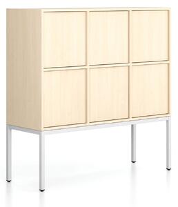 Kancelářská skříň FRAME, nízká, bílá podnož, 6x dveře, 1299 x 450 x 1331 mm, PUSH-lock, bříza