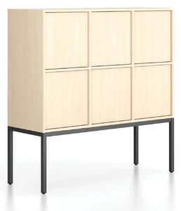 Kancelářská skříň FRAME, nízká, černá podnož, 6x dveře, 1299 x 450 x 1331 mm, PUSH-lock, bříza