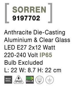 NOVA LUCE venkovní nástěnné svítidlo SORREN antracitový hliník a čiré sklo E27 2x12W 220-240V bez žárovky IP65 9197702