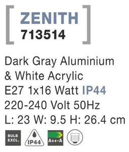 NOVA LUCE venkovní nástěnné svítidlo ZENITH tmavě šedý hliník bílý akrylový difuzor E27 1x12W 220-240V bez žárovky IP44 713514