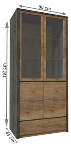 Vitrína, dub lefkas tmavý/smooth šedý, MONTANA W2D, 90 x 43 x 197 cm,, dub, dřevotříska