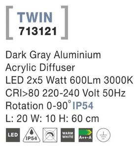 NOVA LUCE venkovní sloupkové svítidlo TWIN tmavě šedý hliník akrylový difuzor LED 2x5W 3000K 220-240V rotační 0-90st. IP54 713121