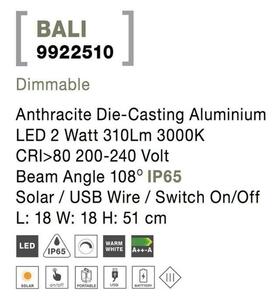 NOVA LUCE venkovní stojací lampa BALI antracitový hliník LED 2W 3000K 5V DC 108st. IP65 solární / USB kabel / vypínač na těle / stmívatelné 9922510