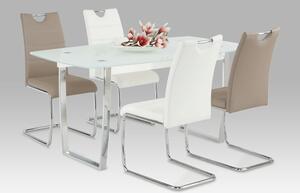 Jídelní židle potažená bílou ekokůží se zdobným prošitím na opěradle a chromovou moderně tvarovanou podstavou TK182