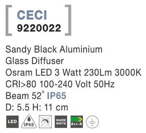 NOVA LUCE venkovní stropní svítidlo CECI černý hliník skleněný difuzor Osram LED 3W 3000K 100-240V 52st. IP65 9220022