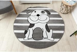 Dětský kusový koberec Pejsek šedý kruh 120cm