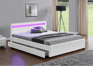 Manželská postel 180x200 cm s úložným prostorem, roštem a LED osvětlením bílá ekokůže TK3016