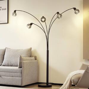 Lindby Stojací lampa Braccio, šedá/černá, sklo, 5 světel, 204,5 cm, Černá, Obývací pokoj / jídelna, kov, Moderní, stojací lampa