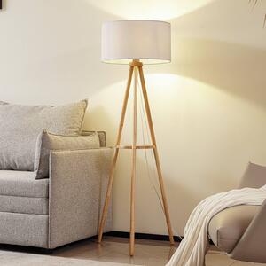 Lindby Stojací lampa Adamio, Ø 45,5 cm, bílá, textil, trojnožka, Světlé dřevo, Obývací pokoj / jídelna, Dřevo, Venkovský / rustikální
