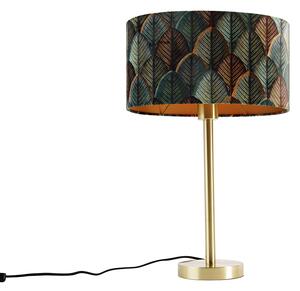 Stolní lampa mosazná s oválným sametovým stínidlem s motivem listů 35 cm - Simplo