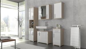 Kombinovaná koupelnová skříňka, bílý pololesk / dub sonoma, Lessy LI 05, 38 x 35 x 191 cm,, hnědá, dřevotříska